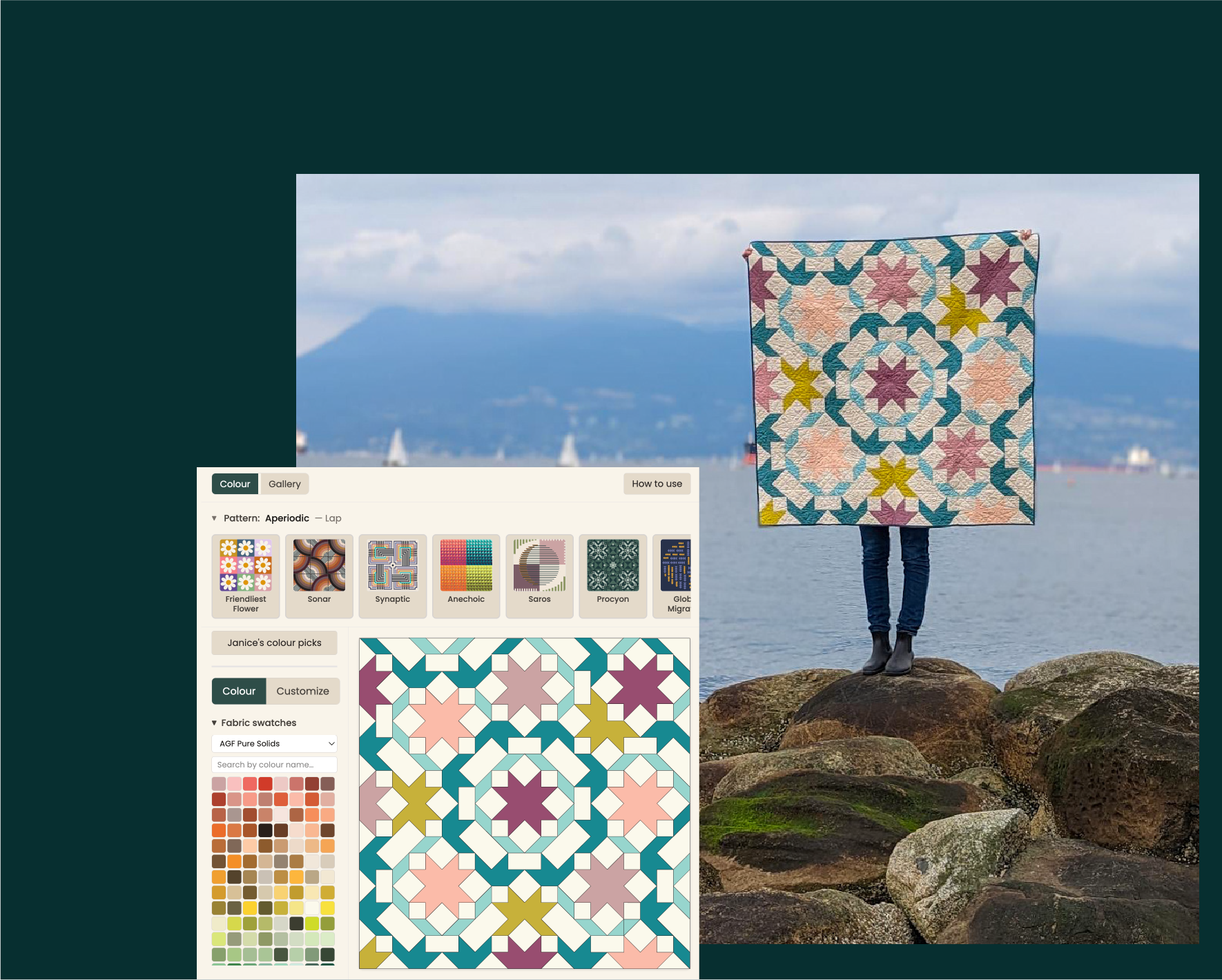 Photograph of person holding quilt while standing on a rock beside a bay. Overlayed is a mockup of the quilt in the Colouring App.